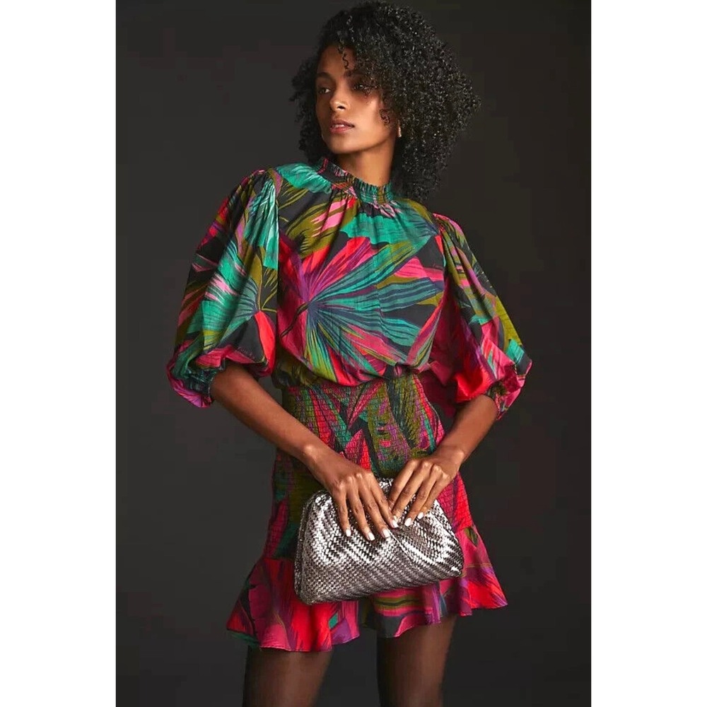 Farm Rio Mini Dress Womens XS Tropical Palm Smocked Waist Ruffle Hem Boho